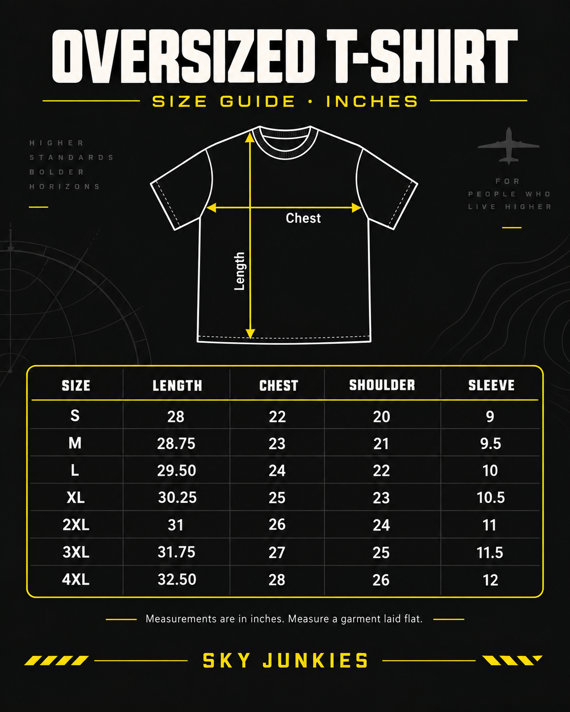 Sky Junkies oversized T-shirt size guide in inches