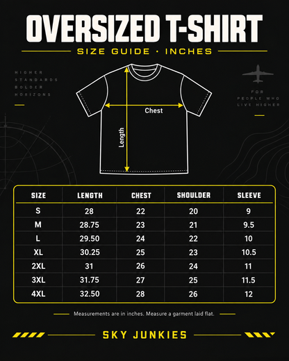 Sky Junkies oversized T-shirt size guide in inches