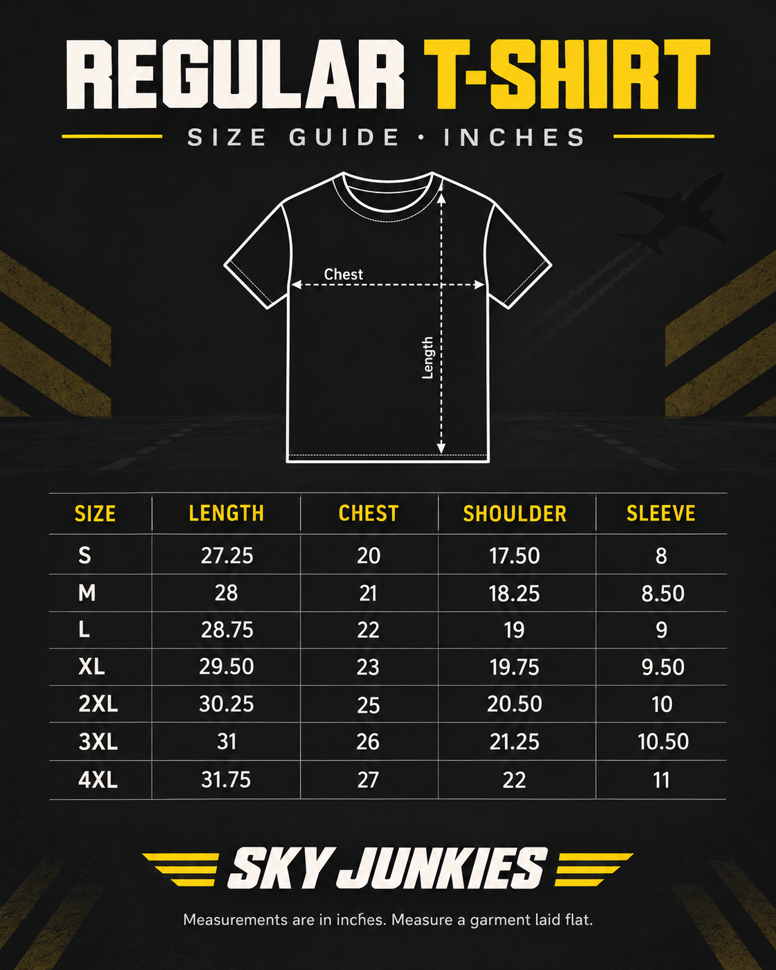 Sky Junkies regular T-shirt size guide in inches